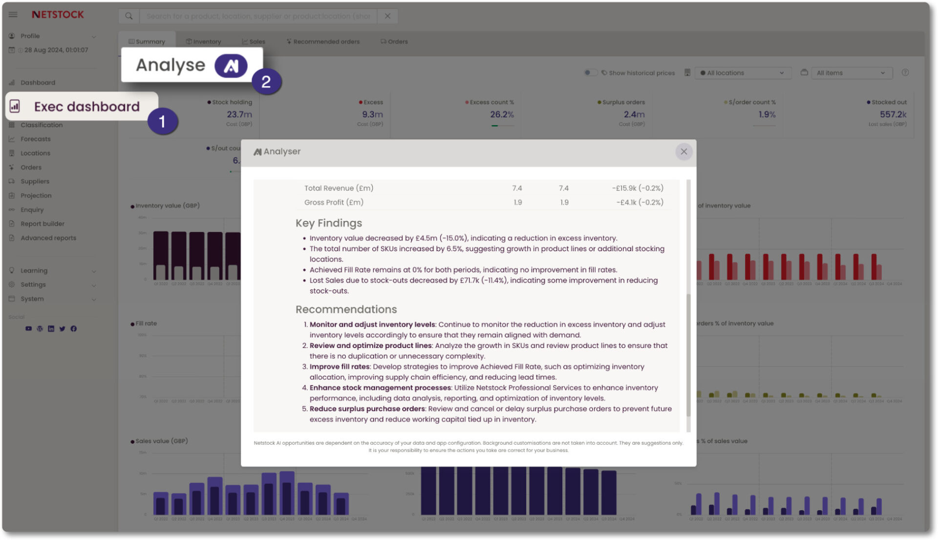 Netstock Dashboard Analyzer generating an AI-written executive summary and strategic recommendations from Executive Dashboard charts