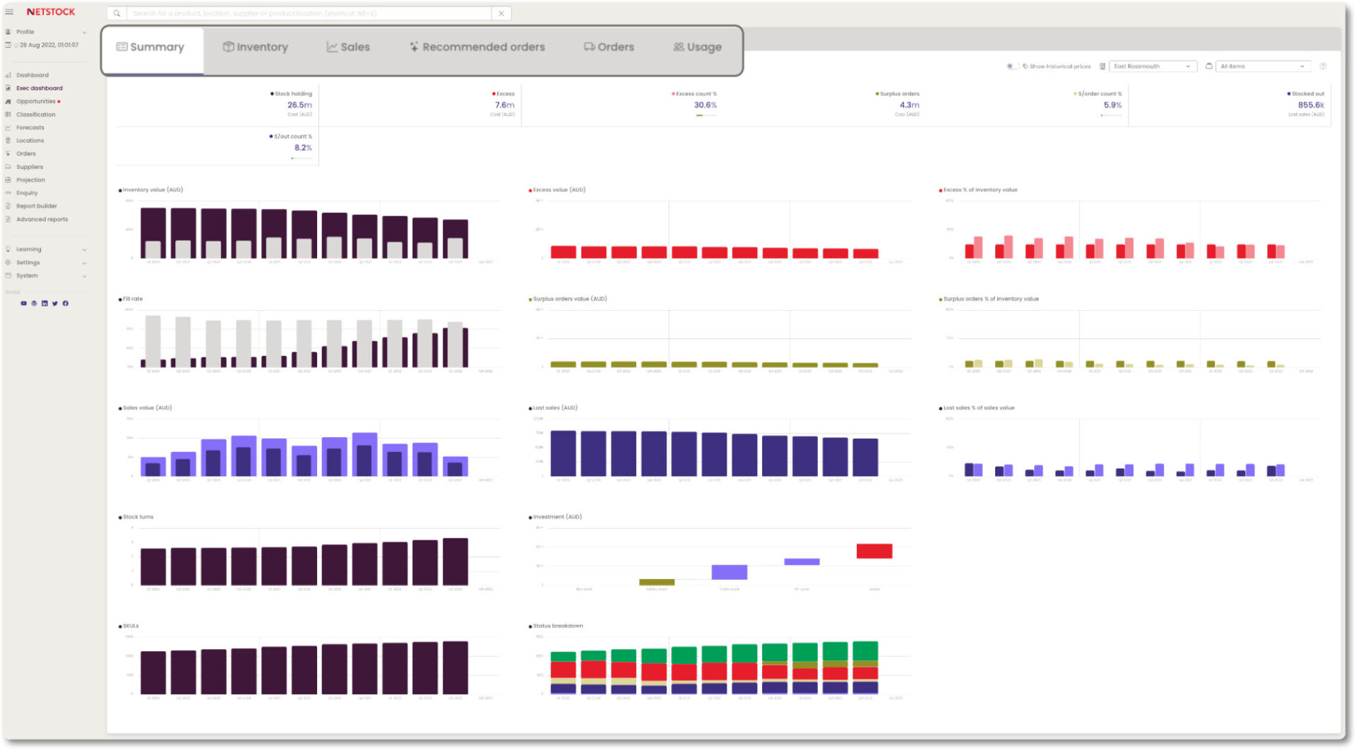Netstock Executive Dashboard Summary tab showing stock holding, excess, surplus orders, stock-outs, and trend graphs for inventory value and fill rate